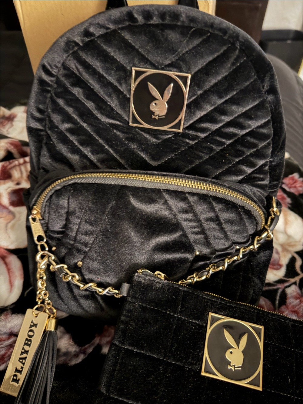 PLAYBOY Black Quilted Velvet Mini Backpack with Gold Accents